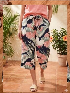 Floral Wide-Leg Tie-Waist Pants in Navy and Pink